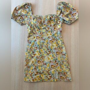 Astr Yellow Brown Floral Puff-Sleeve size sm Mini Dress